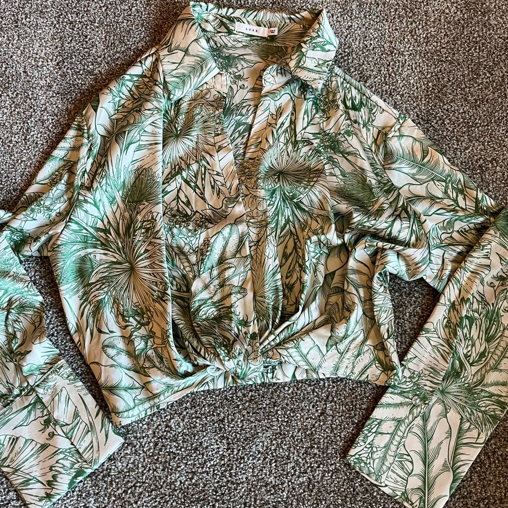 Asian print long sleeve top with cinched back. Sexy v neck opening. Cream green